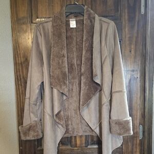 Womens Taupe Faux Suede/ Faux Fur Open-front Fleece Cardigan